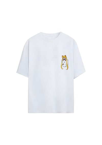 Noıssey Anime Kız Cep Tasarımlı Unisex Oversize T-shirt Beyaz
