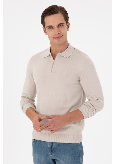 U.S. Polo Assn. Erkek Slim Fit Yarım Fermuarlı Taş Melanj Basic Kazak 50297066-VR225