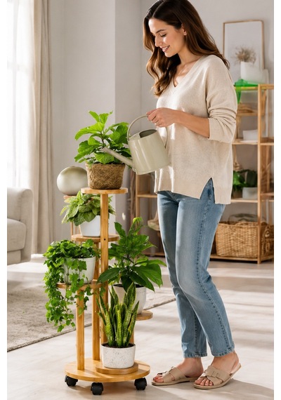 Ahşap 5 Katlı Tekerlekli Çiçeklik Saksılık Dekoratif Daire Model Bitki Rafı