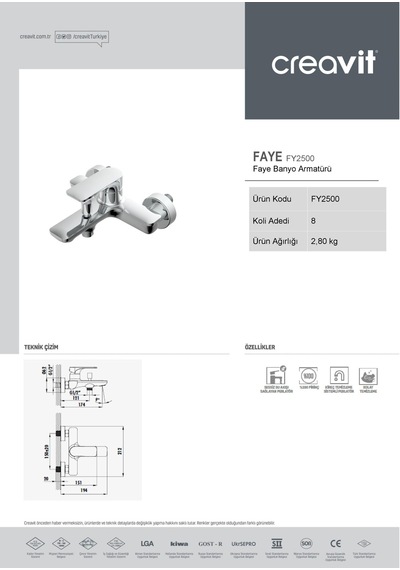 Creavit Fy2500 Faye Lüx Banyo Bataryası Armatürü