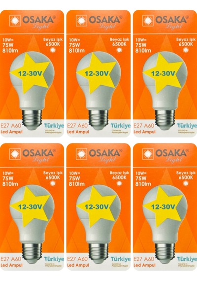 6 Adet Osaka 12volt 10w 75w Beyaz Işık 6500k E27 Duylu Kalın Duy Led Ampul