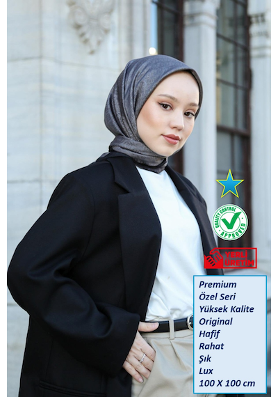 Eşarp - Premium Lux Original Monogram Eşarp İpek Vual, Yüksek Kalite, Hafif, Rahat, Şık, Scarf Füme Gri Şeritli