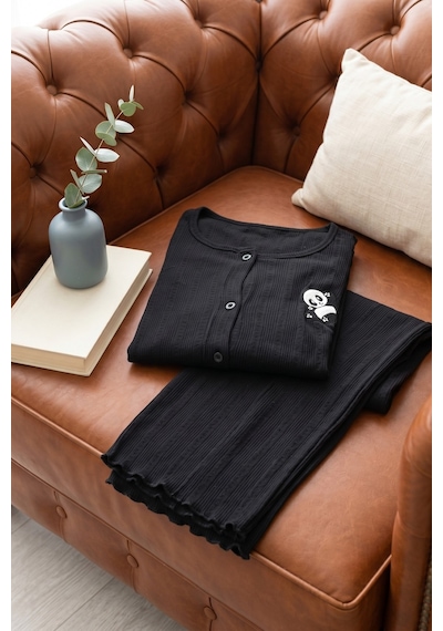 Aura Collections Kadın Ayıcık Desenli Bambu Viskon Kısa Kollu Soft Örme Pijama Takımı Siyah