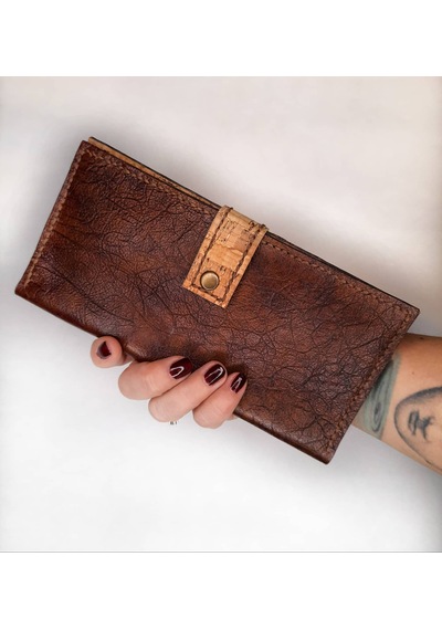 Doğal Hakiki Deri Ve Mantar Derisi Handmade Clutch Cüzdan Koyu Kahverengi