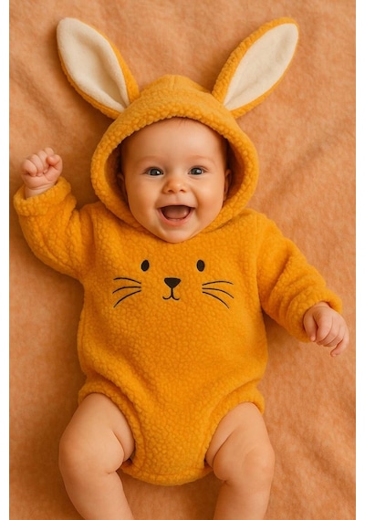 Aden Kids Kapüşonlu Bebek Peluş Çıtçıtlı Badi Sarı