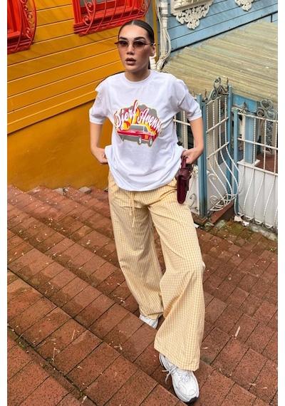 Madmext Sarı Beli Ayarlanabilir Ekoseli Bol Paça Kadın Pantolon Mg2335 Sarı