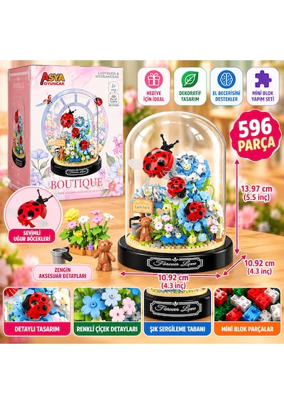 Uğur Böcekli Fanuslu Çiçek Bricks 596 Parça Mini Blok Yapım Seti Dekoratif Çiçek Buketi