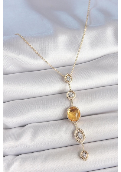 Pirinç Zincir Kehribar Sarı Gold Renk Zirkon Taşlı Y Kolye Çok Renkli