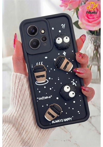 Fibaks Redmi Note 12 Uyumlu Kılıf Tasarımlı Desenli Kamera Korumalı Coffee Kurabiye Siyah Yumuşak Silikon Kapak