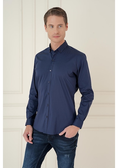 Efor Slim Fit Düğmeli Yaka Esnek Klasik Lacivert Gömlek Gk 746 Lacivert