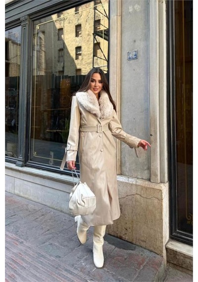 Neşeli Butik Kadın Yaka Çıkarılabilir Kürk Detaylı Düğmeli Deri Trençkot Nbstr1001 Bej