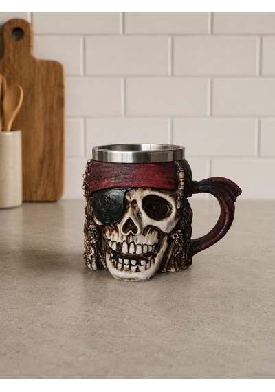 Korsan Kuru Kafa Kupa Bardak 400 Ml Paslanmaz Çelik İç Hazneli Dekoratif Skull Mug Kahve Çay Kupası