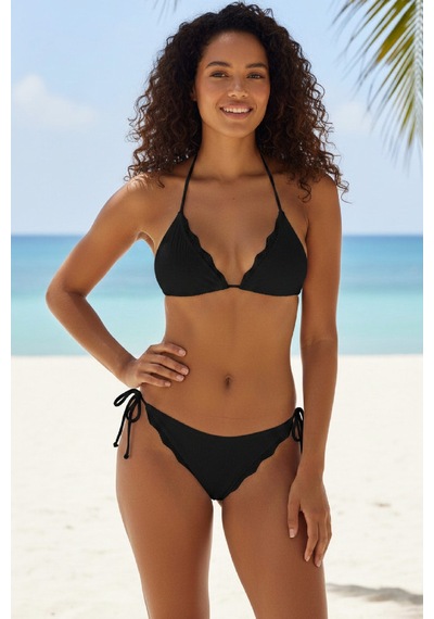 Veraura Lifestyle Kadın Siyah Pedli Bel Ve Boyundan Bağlamalı Dantelli Şık Bikini Takımı