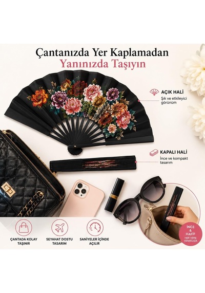 Coverzone Katlanabilir El Yelpazesi Siyah Çiçek Desenli Japon Yelpazesi Taşınabilir El Fanı Yazlık Serinletici Dek