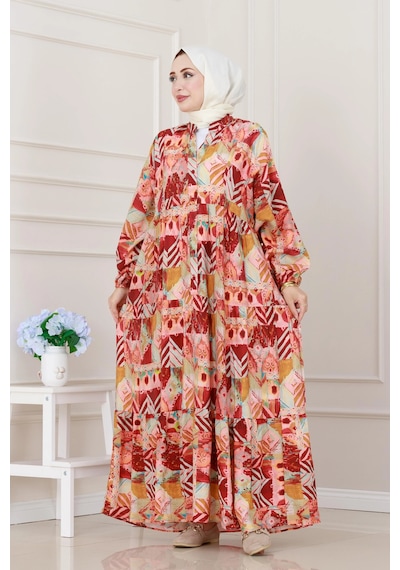 Sevitli Etnik Desen Robalı Elbise-bordo-5250 Bordo