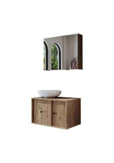 Lavabolu Mdf 75 Cm Çekmeceli Dolabı + Aynalı Üst Dolabı Atl Atlantik Çam