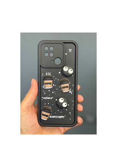 Fibaks Redmi 10c/poco C40 Uyumlu Kılıf Tasarımlı Desenli Kamera Korumalı Coffee Kurabiye Siyah Silikon Kap