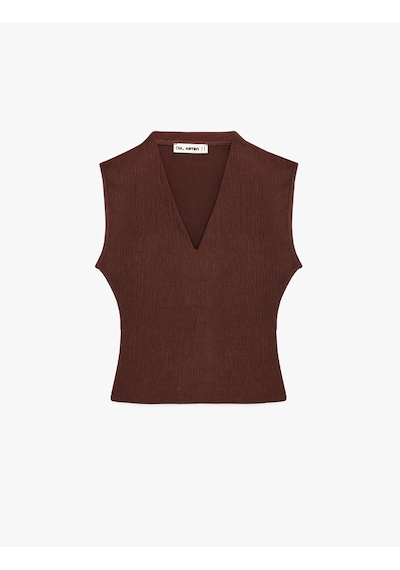 Koton Dokulu Kolsuz Slim Fit V Yaka Bluz Kahverengi 6sal30197ık Kahve