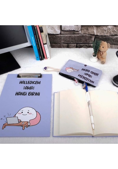 Halledicem Ama Hangi Birini Tasarımlı Sekreterlik Defter Ve Kalemlik Kırtasiye Seti Mavi