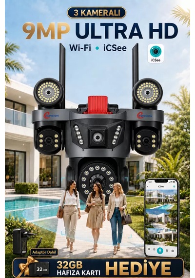 İcsee 9003 9mp 3 Lens Wifi Güvenlik Kamerası, Motorlu Gece Görüşlü Dış Mekan Kamera, 32gb Kart Ve Adaptör