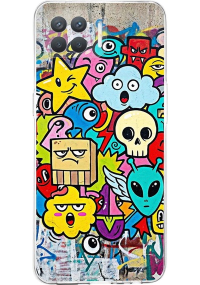Oppo Reno 4 Lite İle Uyumlu Grafiti Doodle Tasarımlı Şeffaf Silikon Kılıf Şeffaf
