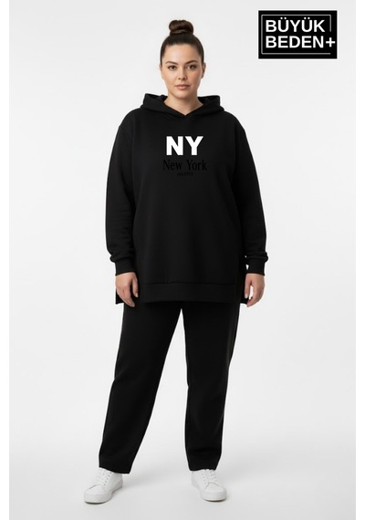 Superlife Büyük Beden Kapşonlu Ny Newyork Baskılı Tunik İnce Sweatshırt Spr26btk991-1 Siyah
