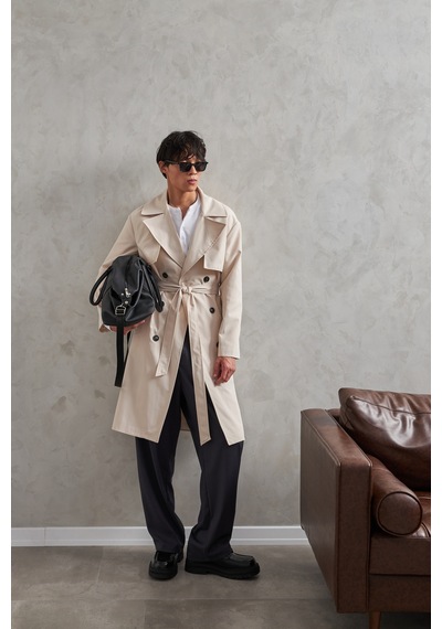 Erkek Kruvaze Yaka Oversize Trençkot Krem