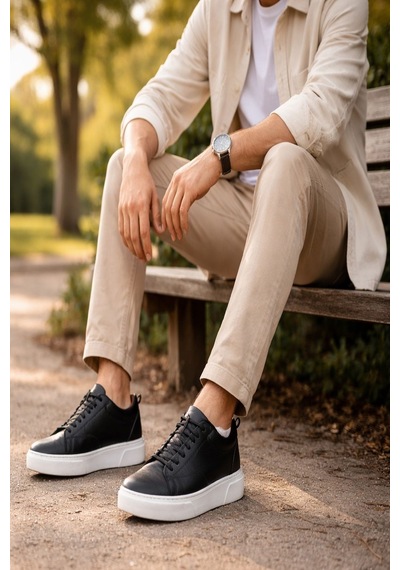 Muggo Leons Hakiki Deri Erkek Kalın Taban Bağcıklı Günlük Casual Sneaker Siyah - Beyaz Muggo Leons Hakiki Deri Erkek Kalın Taban Bağcıklı Günlük Casual Sneaker Siyah - Beyaz