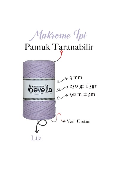 Taranan Makrome Ipi 3mm Tek Büküm Taranabilir Pamuk Makrome Ipi Lila