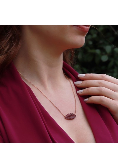 Zirkon Taşlı Dudak Figürlü Rose Gold Kaplama Asansör Zincirli Gümüş Set Gümüş