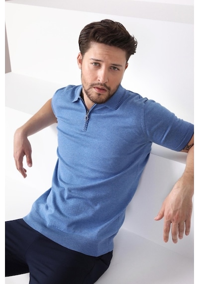 Ferraro A.Havacı Polo Yaka Fermuarlı Erkek Pamuk Triko T-Shirt-Mavi