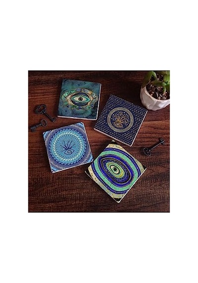 Nazar Taş Bardak Altlığı Seti - 4 Parça - Dekoratif, Rustik Mutfak Aksesuarı, 10x10 Cm, Kaydırmaz Tabanlı, Şık Diğer