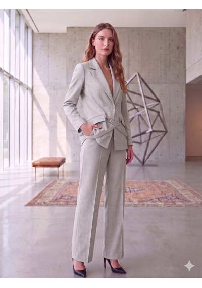Prenses Blazer Ceket Geniş Paça Pantolon Takım Elbise Ekru
