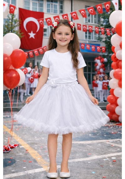 Her Şey Nota Kız Çocuk Beyaz Fırfırlı Tül Etek 5-13 Yaş Kabarık Tasarım