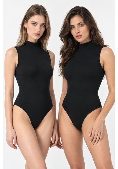 Loule Kadın 2'li %95 Pamuklu Dik Yaka Kolsuz Alttan Kancalı Body Siyah