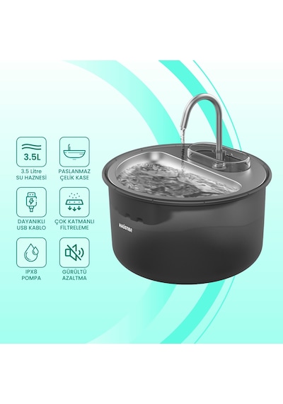 Haustier Wf009ls Siyah , Çelik Üst Tabla , 3.5lt Geniş Bpa İçermez Hazne, Otomatik Kedi Su Sebili,kedi Su Çeşmesi, Su Pınarı