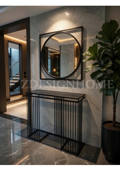 Siyah Metal Dresuar Takımı Siyah Cam Raflı Modern Tasarım
