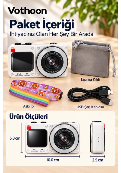 4k Dijital Fotoğraf Makinesi 18x Dijital Zoom 64 Mp Ön Ve Arka Ekranlı Kompakt Kamera Beyaz