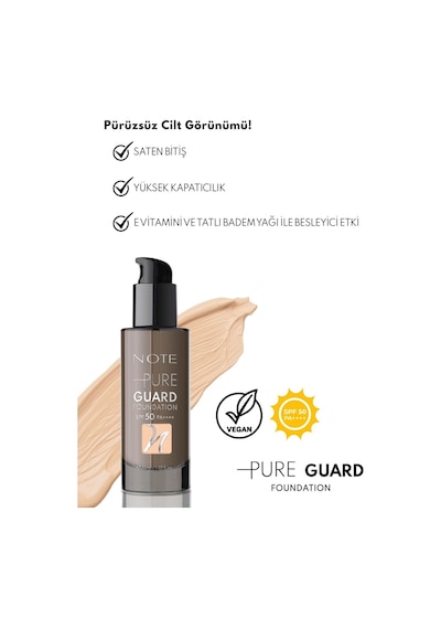Note Pure Guard Foundation 100 Glowing Beige Spf 50 Yoğun Kapatıcı Saten Bitişli Fondöten
