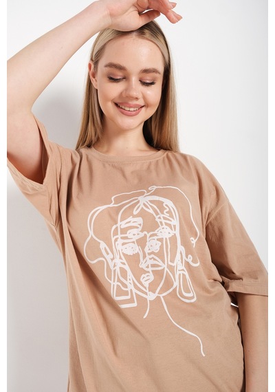 Flood Of Style Kadın Çizgili Figür Oversize Vizon T-shirt Bej