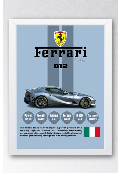 Ferrari 812 Mavi V12 Premium Süper Araba Tablosu - Teknik Özellikli İtalyan Otomobil Duvar Dekoru Beyaz Ferrari 812 Mavi V12 Premium Süper Araba Tablosu - Teknik Özellikli İtalyan Otomobil Duvar Dekoru Beyaz