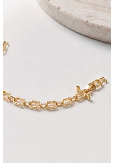 Balenbi Jewelry Kadın Taşlı Dikdörtgen Halkalı Kararmaz Çelik Zincir Bileklik 14k Gold 1141 Altın