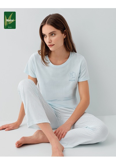 Pierre Cardin 9201 Modal Pamuk Cepli Kısa Kol Kadın Pijama Takımı Açık Mavi