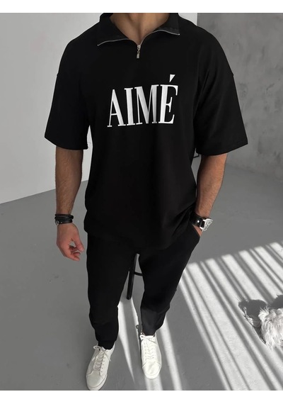 Erkek Yarım Fermuarlı Kısa Kol Baskılı T-shirt - Siyah Siyah