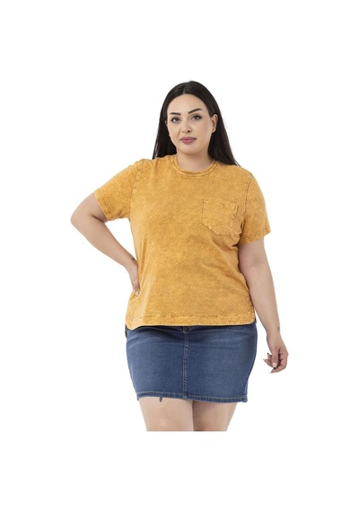 Disentis Büyük Beden Parça Boyalı Bisiklet Yaka Kavisli Yırtmaçlı Hardal T-shirt-hardal Hardal