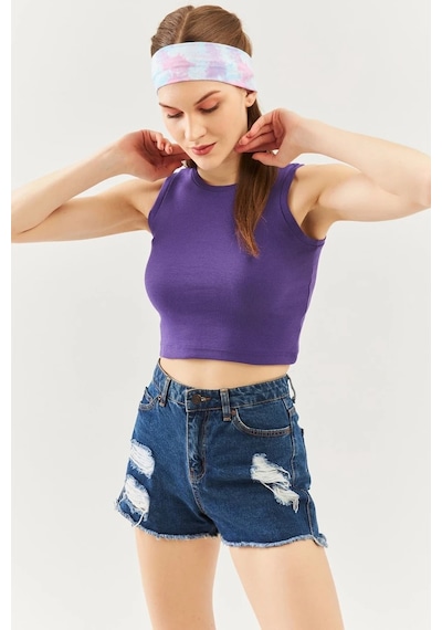 Butikgiz Kadın Sıfır Kol Bisiklet Yaka Vücuda Oturan %100 Pamuklu Kaşkorse Esnek Crop Bluz Mor