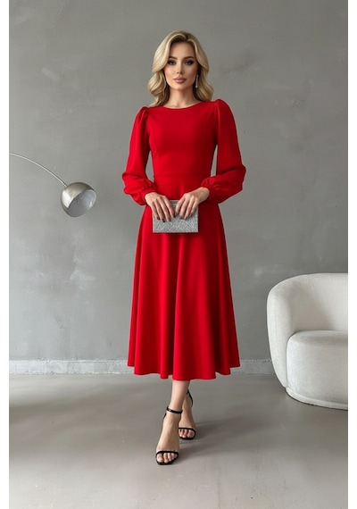 Defymoda Kadın Gün Boyu Rahat Midi Elbise Kırmızı