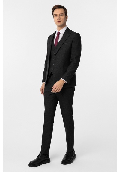 Süvari Siyah Slim Fit Desenli Sivri Yaka 6 Drop Yelekli Klasik Takım Elbise Siyah