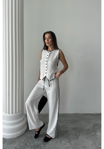 Moderie Butik Keten Kenarları Biyeli Yelek - Pantolon Takım - Beyaz Beyaz