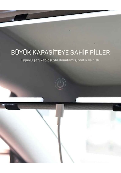 Techtic Araç İçi Led Işıklı Makyaj Aynası Dokunmatik Şarjlı 3 Modlu Hd Güneşlik Aynası 23,5-12,7 Cm Beyaz